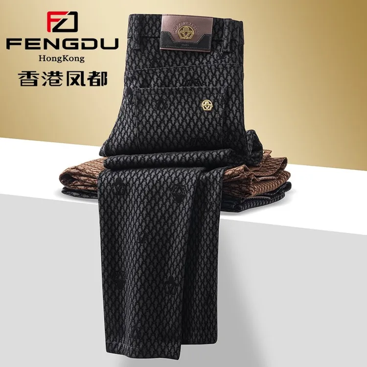 香港凤都时尚植絨提花保暖秋季款高端质感加绒加厚男士秋款裤子