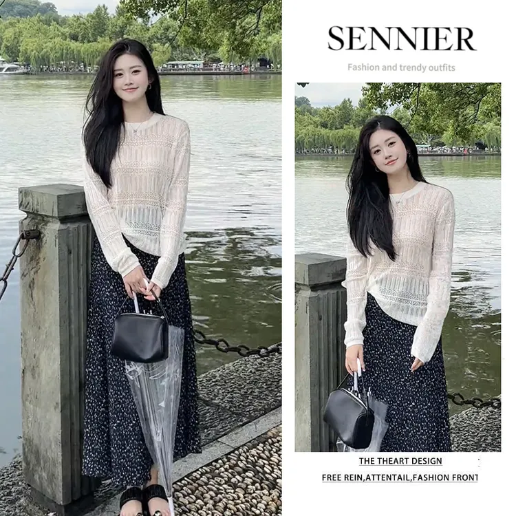 温柔系穿搭女2025新款韩版时尚圆领镂空针织长袖碎花半身裙两件套