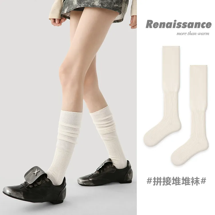 Renaissance原创秋冬竖条纹拼接堆堆袜时尚百搭纯色精梳棉袜子女