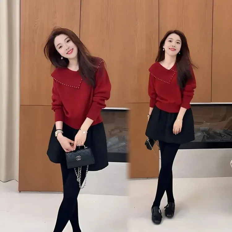 2026新年款中国风红色不对称针织毛衣搭半身黑短裙气质减龄套装