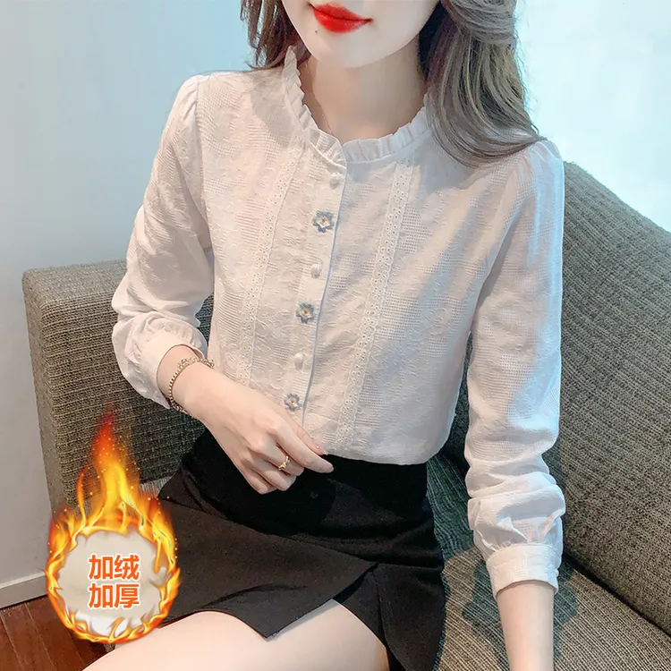 【退货运费全补】立领加绒衬衫女秋冬2025新款刺绣加厚上衣全棉衬衣