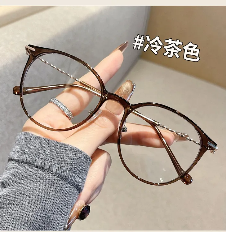 新款百搭圆脸超轻眼镜女近视可配度数素颜显白冷茶色眼睛框镜架