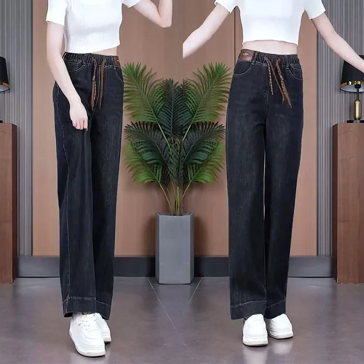 水泥灰阔腿松紧高腰牛仔裤女2025春秋新款宽松显瘦弹力窄版直筒裤