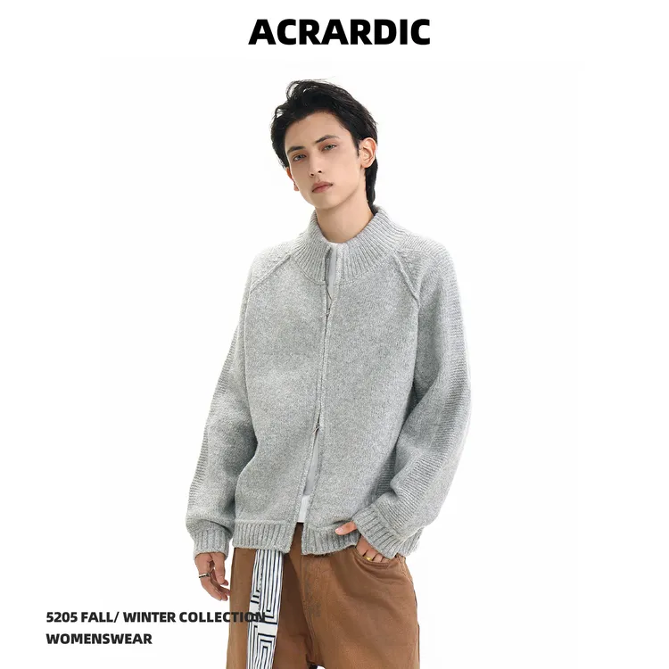 ACRARDIC秋冬潮牌高智感灰色拉链毛衣男美式复古保暖开衫针织上衣