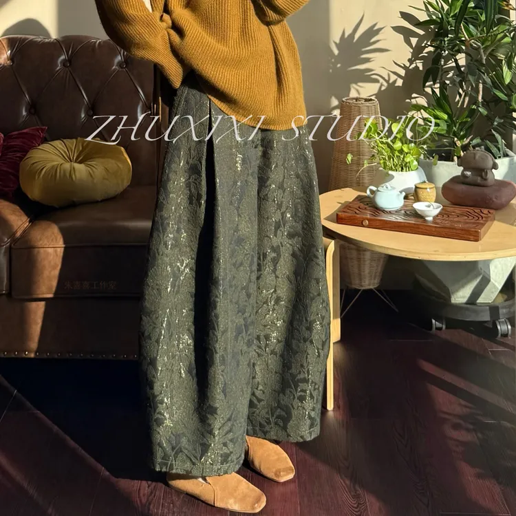 松紧腰新中式阔腿裤气球裤休闲裤秋冬打底高腰时尚提花羊毛织金