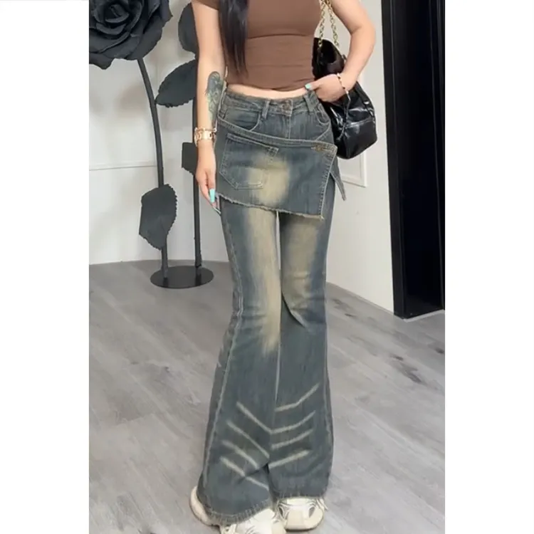 艾塔莉早秋女拼接假两件牛仔裤设计感喇叭裤水洗美式长裤高腰百搭