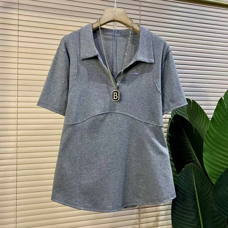 P胖mm欧货时尚新款简约翻领气质显瘦短袖上衣