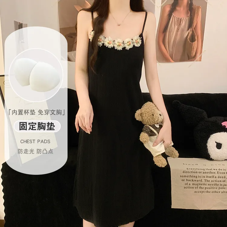 吊带睡裙女款夏季纯欲风性感女士带胸垫一体防走光黑色公主风睡衣