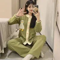 秋冬款慵懒风长袖睡衣卡通可爱开衫长裤女羊绒外穿保暖家居服套装