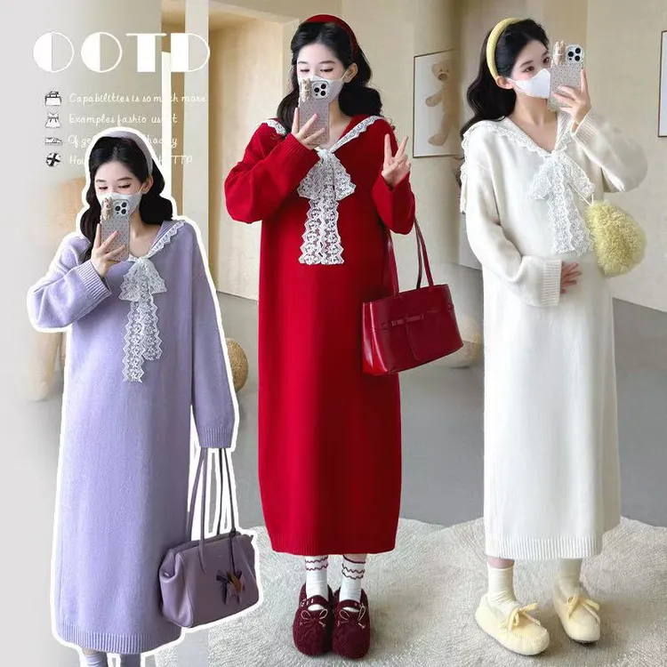 【可乐】孕妇秋冬款蕾丝拼接复古宽松长款过膝针织连衣裙