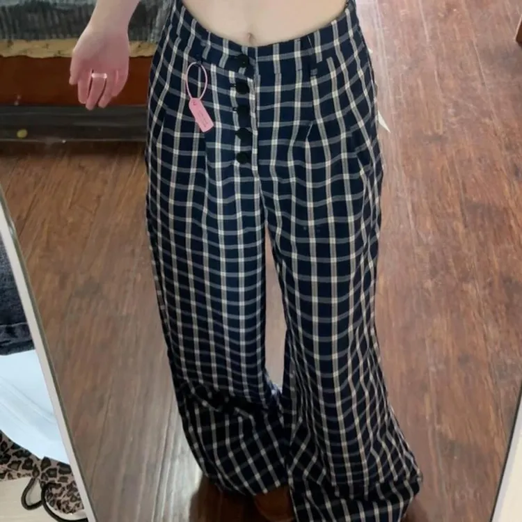 赵露思同款藏青色格子休闲裤女春秋慵懒风高腰阔腿遛弯裤拖地长裤