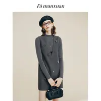 法曼萱手工钉珠花朵羊毛背心裙女2025秋季新款毛呢V领灰色连衣裙