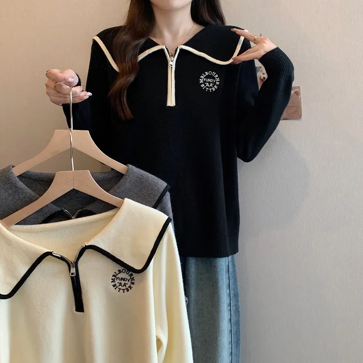 设计感撞色娃娃领针织衫半拉链正肩毛衣百搭2025秋装新款胖mm大码