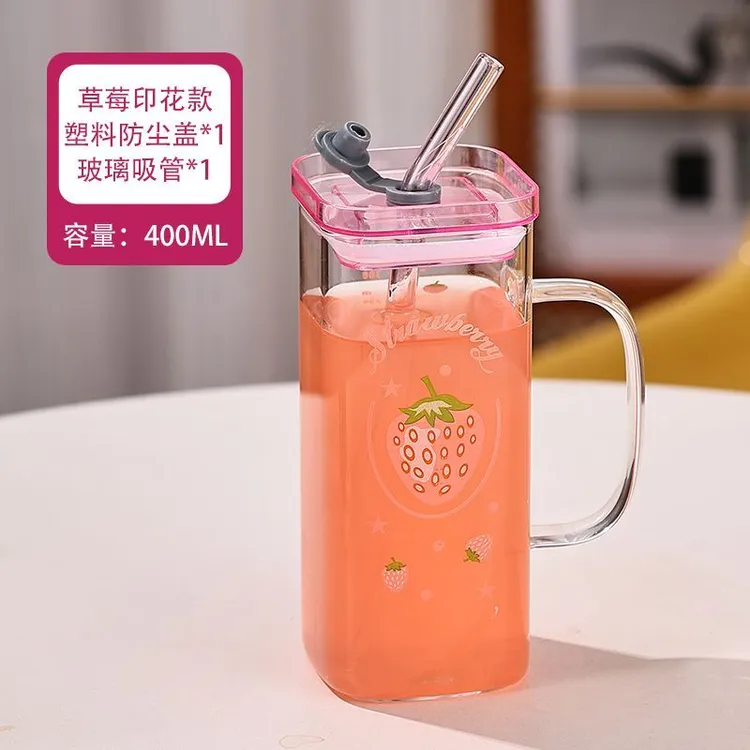 高鹏玻璃杯ins方形杯刻度吸管水杯耐热家用高颜值果茶印花杯少女