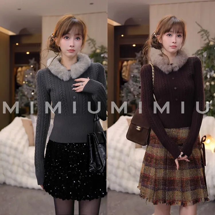 【mimius】P 绞花收腰可拆卸毛领毛衣+定制格纹毛呢百褶半裙WG12013