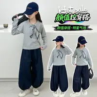 女童套装2025新款洋气时髦春秋款中大童丝巾小女孩长袖T恤休闲裤