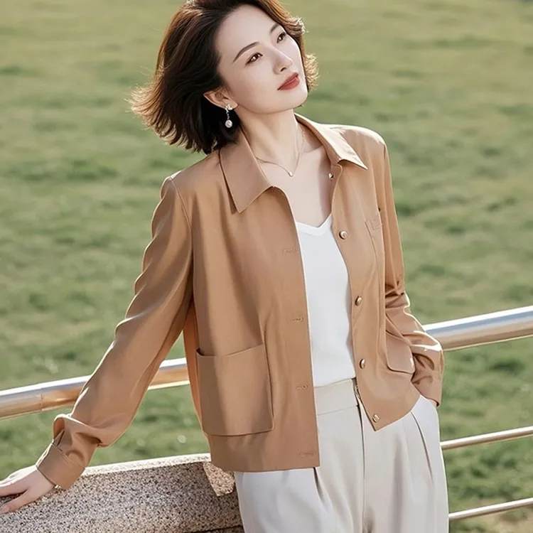 2025春季新款女装小个子短款慵懒风高级感休闲浅棕色夹克薄款外套
