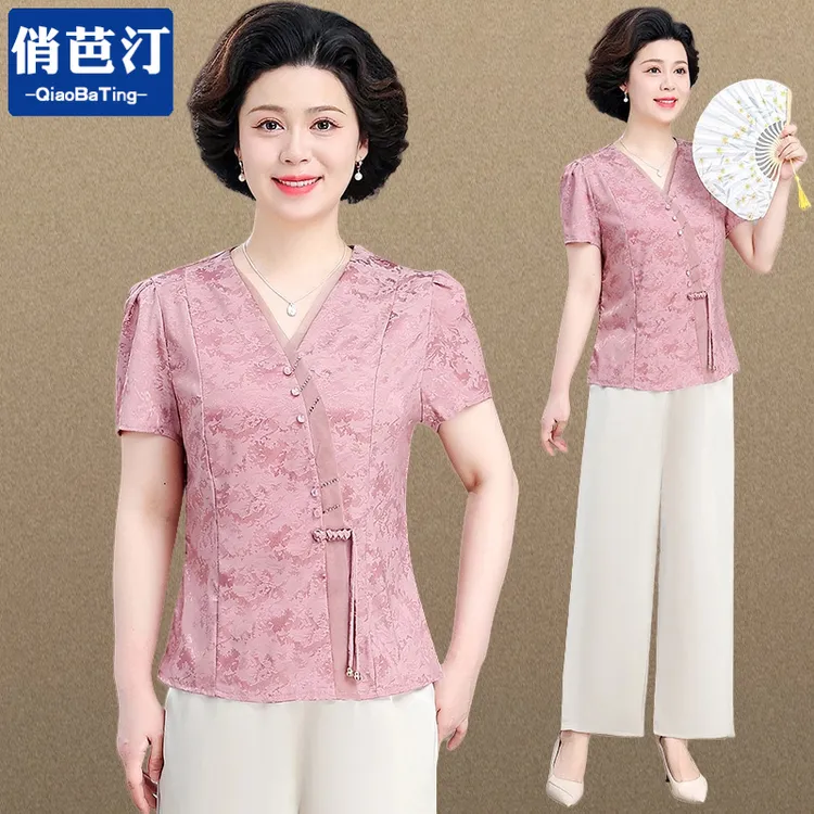 俏芭汀新中式国风妈妈短袖套装高档洋气中老年女装夏季上衣两件套