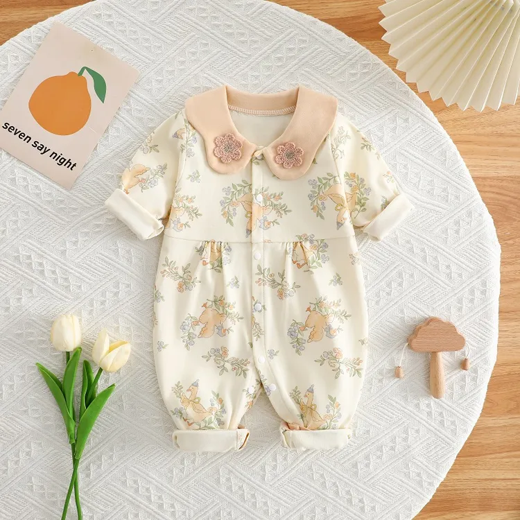 婴儿春秋连体衣纯棉女宝长袖衣服森系春季哈衣外出服超萌女童爬服