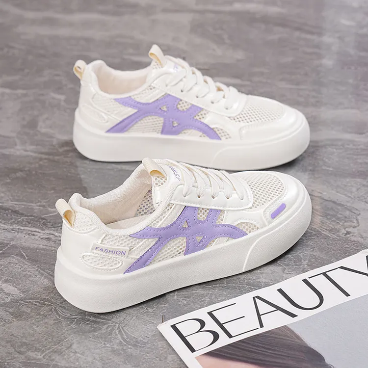 夏季薄款小白鞋女圆头软底防滑网鞋2025新款网面镂空透气学生板鞋