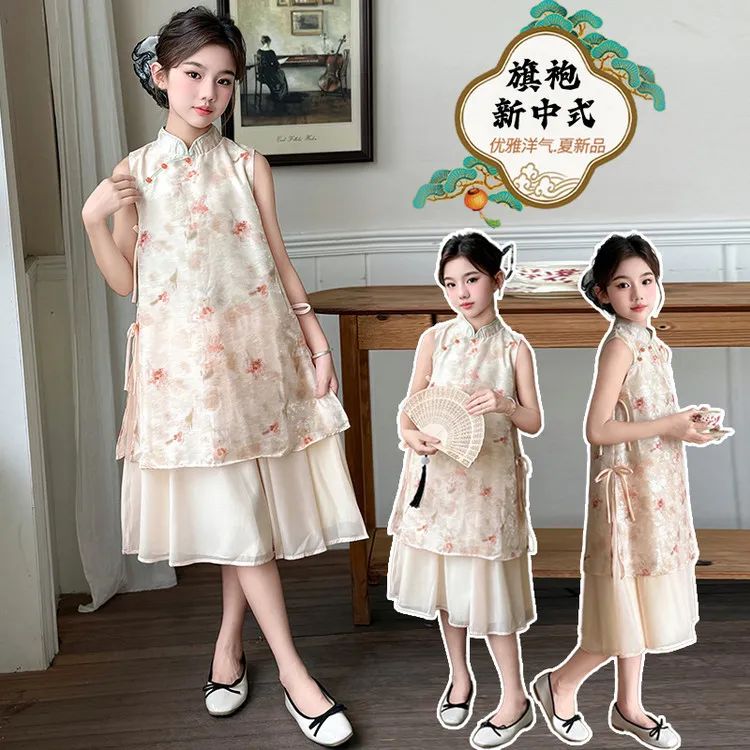 女童中式连衣裙夏季新款小女孩中国风旗袍中大童无袖复古裙子汉服