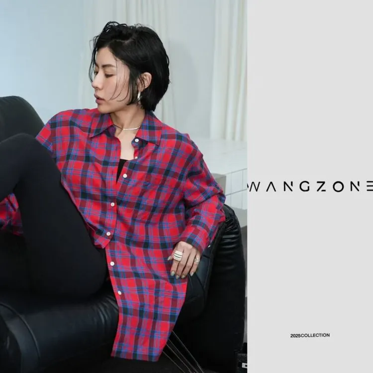 WANG ZONE | 美学复古撞色红蓝格纹廓形长袖结构感格子衬衫衬衣