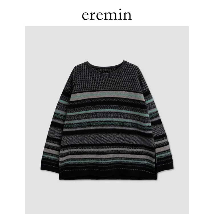 DE Mincollection费尔岛毛衣/复古条纹提花慵懒风全羊毛毛衣55924