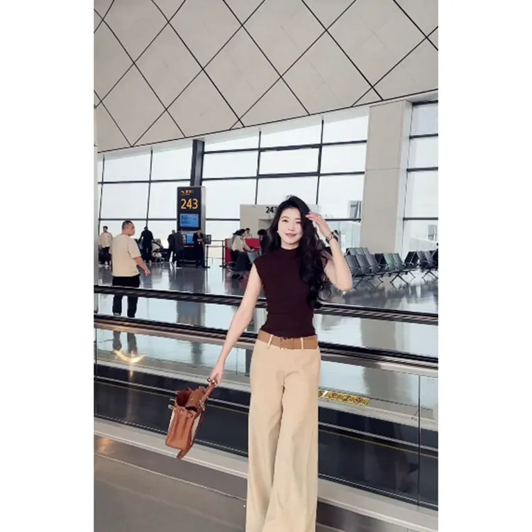 简约休闲慵懒风气质修身无袖背心上衣夏季高腰直筒复古休闲阔腿裤