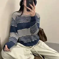 宽松慵懒风条纹针织衫女长袖秋装新款时尚洋气复古上衣潮