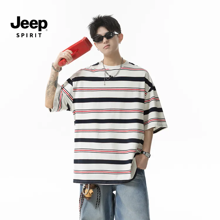 JEEPSPIRIT吉普夏季男士潮流条纹宽松圆领短袖T恤ins简约百搭上衣