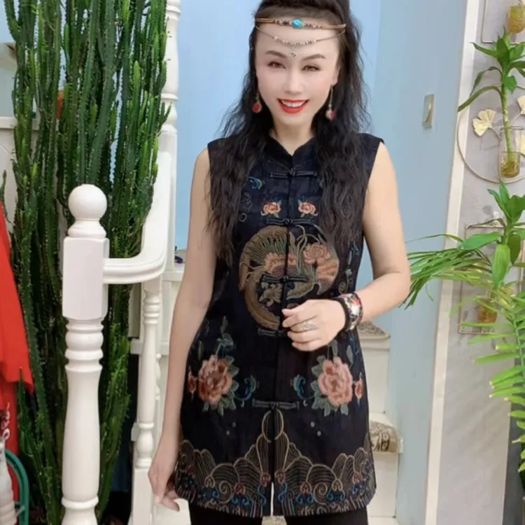 （衣长74左右）民族风凤迎牡丹刺绣中长款马甲马夹2415