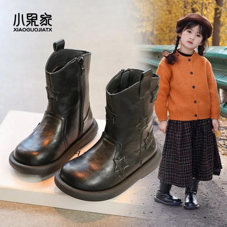 女童靴子儿童马丁靴洋气小公主短靴秋冬童靴黑色二棉冬季女孩童鞋