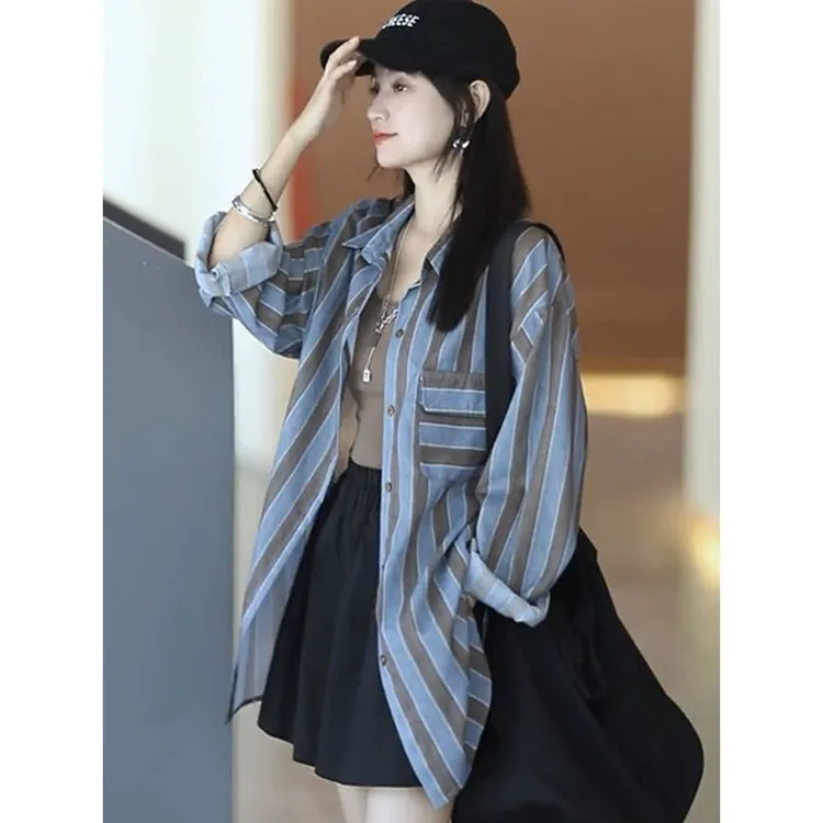 条纹衬衫女长袖夏季韩版拼色领休闲百搭薄款防晒外套衬衣上衣