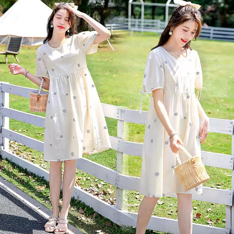 夏季高腰连衣裙印花连衣裙显瘦遮肚子外穿洋气小清新甜美款