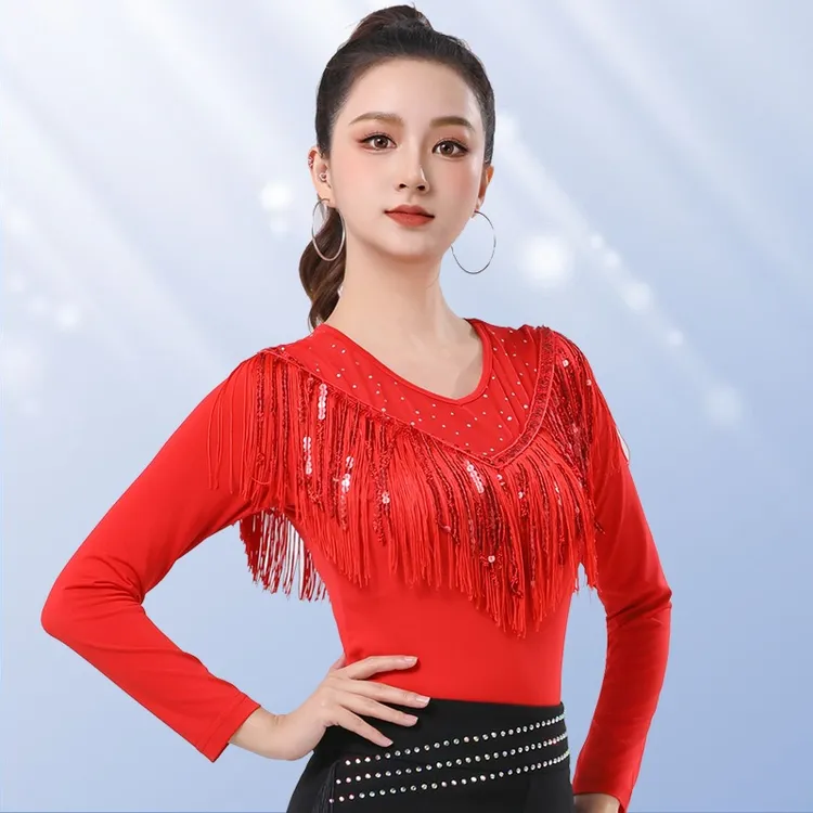 舞蹈服广场舞服装红色拉丁舞服恰恰舞演出服流苏交谊舞服上衣女秋