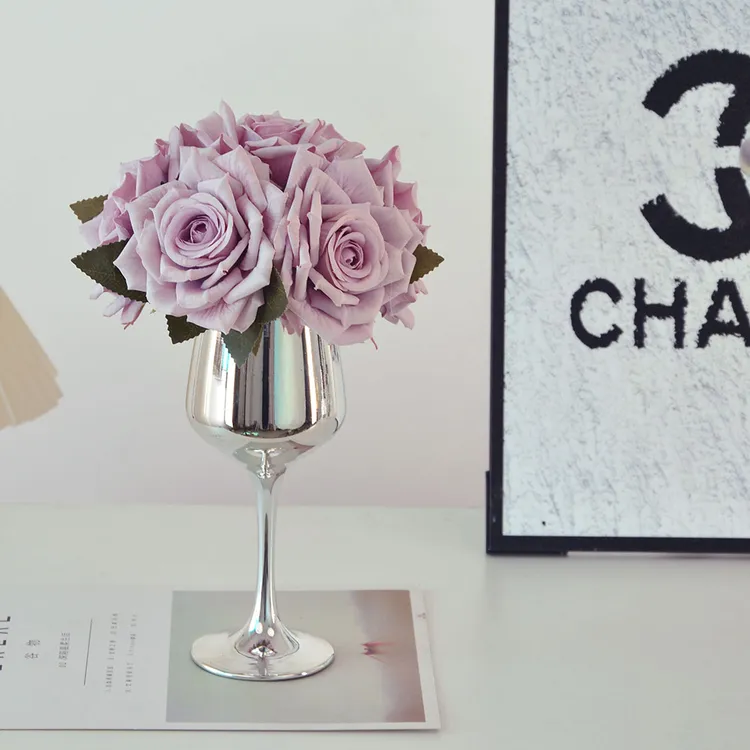轻奢高级仿真花3D打印玫瑰假花银色高脚杯花桌面套装花艺绢花摆件