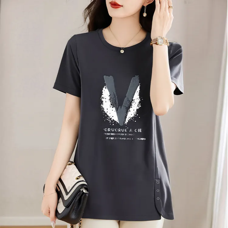 中长款t恤女2025新款夏季印花妈妈圆领短袖宽松中年大码上衣遮肚