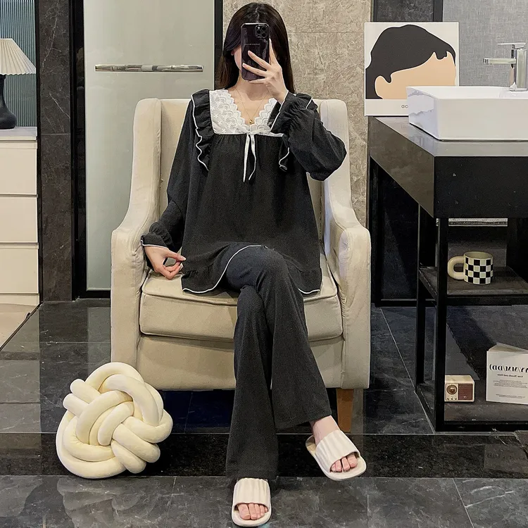 韩系睡衣女新款秋冬季灰色公主风长袖长裤加厚保暖德绒家居服套装