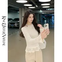 KUN【茶歇少女】别样拼接 亮片针织雪尼尔蕾丝吸睛穿搭层次感上衣