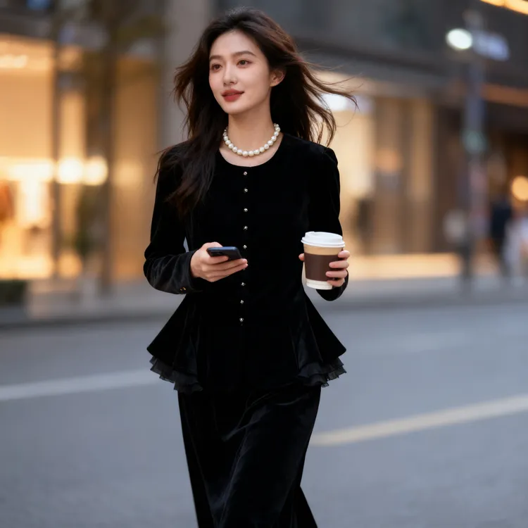 赫本风气质优雅套装胖妹妹大码女装丝绒拼接上衣鱼尾半身裙两件套