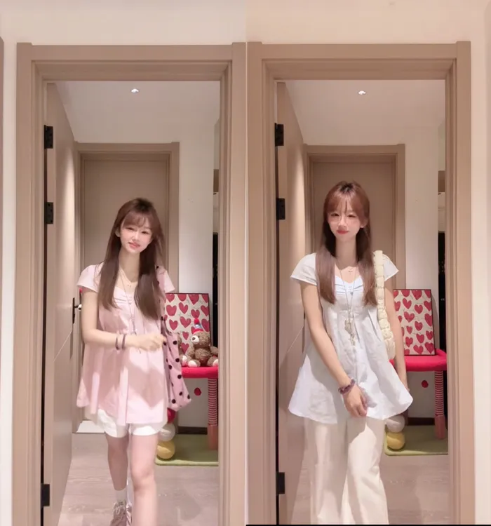 甜美风奶蓝色包扣百褶短袖上衣2025夏季新款女装V领百搭显瘦小衫