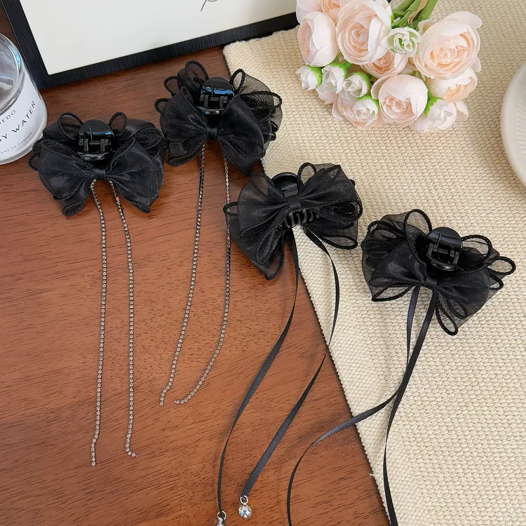 韩系超仙简约气质黑色网纱蝴蝶结流苏抓夹发夹发卡发饰7cm