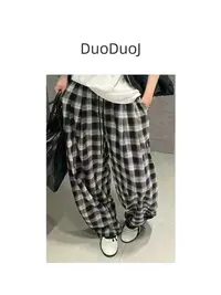 【DuoDuoJ】【格子拖地裤A355】韩版休闲百搭高腰直筒格纹复古休闲裤