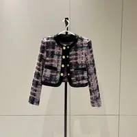 法式气质高级感粗花格纹混纺拼接圆领长袖短外套