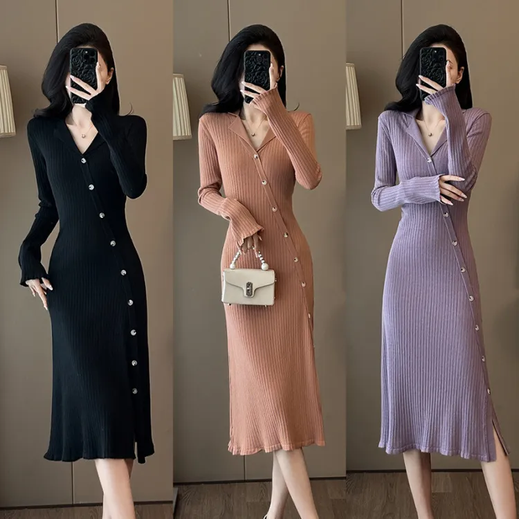 法式小香风针织裙喇叭袖气质女秋季新款显瘦小翻领针织连衣裙