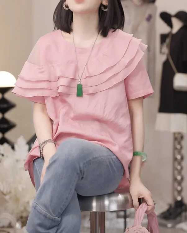 度假风精致圆领波浪边短袖上衣2025夏季新款粉色减龄气质百搭上衣