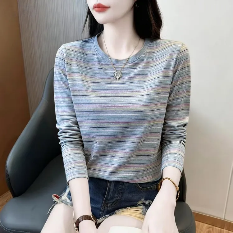 纯棉条纹长袖t恤女打底春秋季新款宽松显瘦遮肚休闲正肩内搭上衣