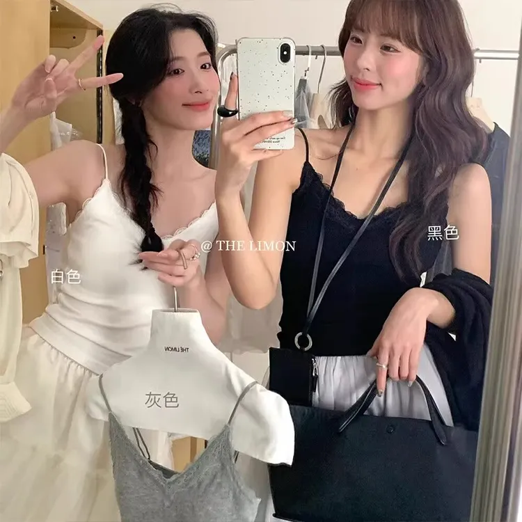 蕾丝花边纯色吊带背心女早秋季修身带胸垫V领内搭甜辣妹显瘦上衣