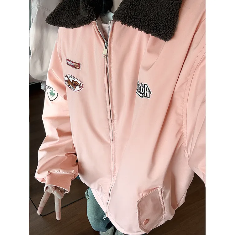 摇粒绒翻领绣标棉衣棉服男春季新款宽松休闲加厚夹棉棒球服外套潮