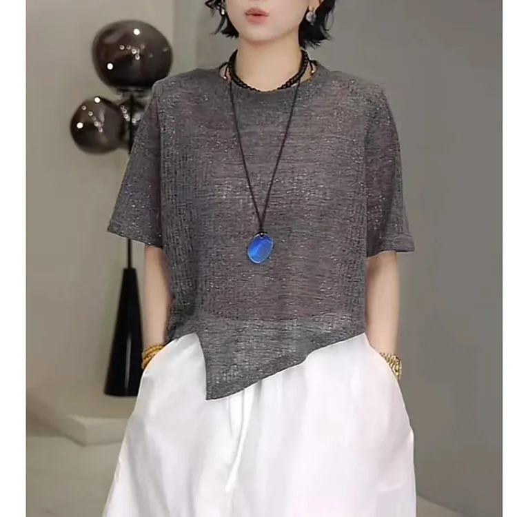 欧货时尚不规则亮闪闪短袖t恤女2025夏季新款爆款针织衫别致上衣